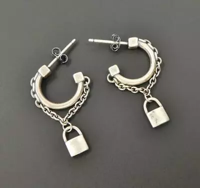 Handmade Sterling Silver Small Hoop With Chain And Lock Post Earrings Unique • $18.95