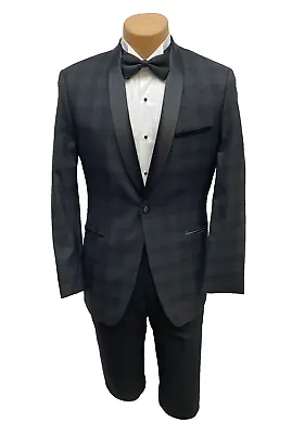 Men's Ike Behar Chester Black Plaid Tuxedo Jacket With Satin Lapels Slim Fit 40R • $99.95