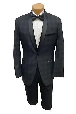 Mens Ike Behar Chester Black Plaid Tuxedo Jacket With Satin Lapels Slim Fit 46XL • $149.95