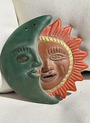 Clay Terracotta Sun Moon Face Wall Hanging Art Mexican Pottery Folk Art 6” • $29.99