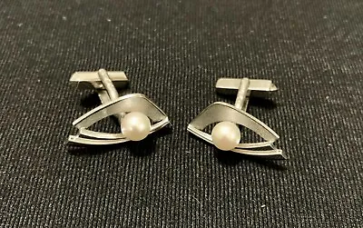 Vintage Mikimoto Sterling Silver & Akoya Pearl Mid Century Cufflinks Excellent • $74.95