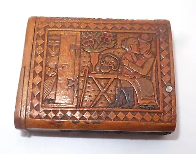 Vtg 1909 Unusual Puzzle Carved Wooden Love Story Hungary Match Safe Vesta Case • $4.99