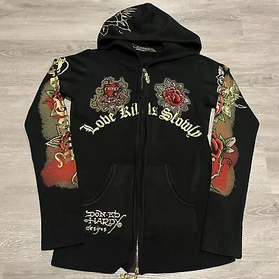 Y2K Ed Hardy Love Kills Slowly Hoodie Women’s Sz S Full Zip Black Broken Zipper • $49.99