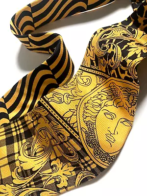 GIANNI VERSACE VINTAGE '90s BAROQUE MEDUSA HEAD TIE TARTAN PANTHER ZEBRA YELLOW • $134.04