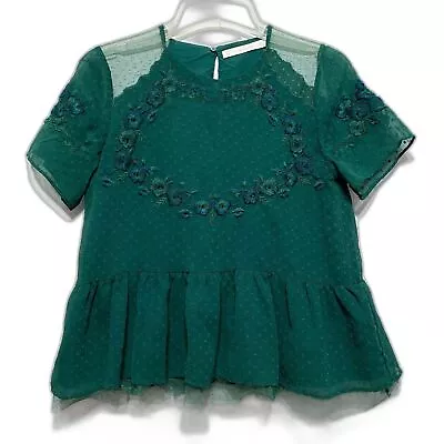 Zara Trafaluc Blouse Sz Medium Green Embroidered Ruffle Peplum Top Short Sleeves • $19.99