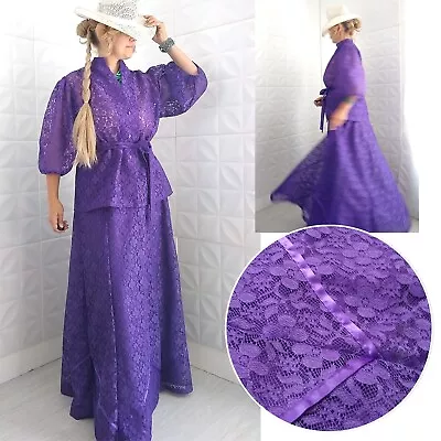 Vintage 80s Purple Lace Dress 2 Piece Puff Sleeve Maxi West Carefree Fashions XL • $74.95