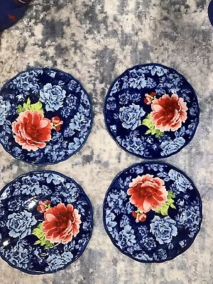 Pioneer Woman Heritage Floral Salad Dessert Plates Set 4 Royal Blue Red Rose #1 • $28