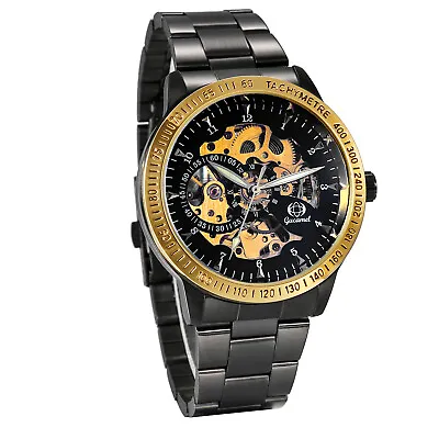 Luxury Black Skeleton Dial Auto Watch Steampunk Mechanical Wristwatch Mens Gift • $22.99