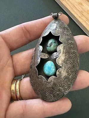 VINTAGE Native American Turquoise Shadowbox Sterling Necklace Large Pendant. • $70