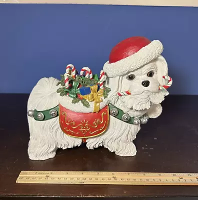 Danbury Mint Christmas Maltese Dog Sculpture-Santa Hat Candy Canes And Presents • $89.99