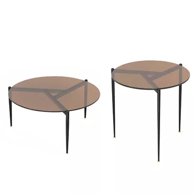 ARTLOGE Set Of 2 Nesting Coffee Tables Round Tempered Glass Table Tawny/Grey Top • $148.99