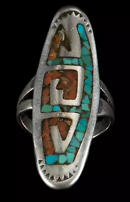 Vintage Sterling Native American Inlaid Coral Turquoise Symbol Design 5.4g Ring • $75