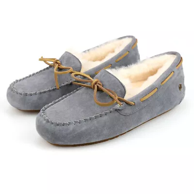 Womens UGG Moccasin Slippers Australian Sheepskin Wool Slip On Loafers Flat Grey • $45.99