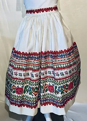 Vintage 1950s Cotton Canvas Full Circle Ivory Red Skirt Folk Print Skirt M • $214.14