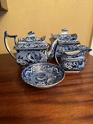 Antique Dark Blue Staffordshire Transferware Teapot Sugar Creamer Teabowl • $235