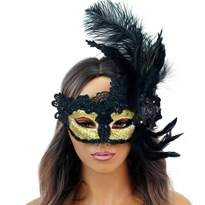 Black And Gold Feather Masquerade Mask For Prom Masquerade Ball Mardi Gras • $23.95