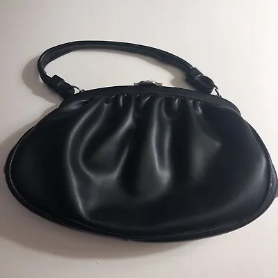 Vintage 50s Jaclyn? USA Hand Bag Faux Black Leather Metal Hardware • $18.25