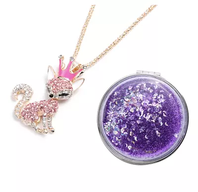 PENDANT NECKLACE Pink FOX Mirror Set Sparkle Enamel Crystals **NEW** WHIMSICAL!! • $14