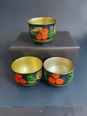 Vintage Russian Khokhloma Hand Painted Golden Lacquer Cups Folk Art Lot Of 3 • $12.95
