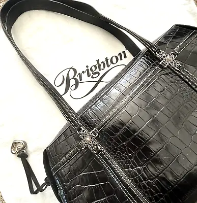 VTG BRIGHTON Handbag Shoulder Purse Croc Embossed Black Leather Sz Med W/Dustbag • $54.99