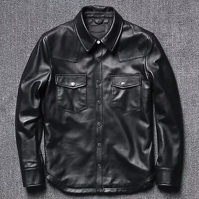 Men Western 100% Genuine Lambskin Leather Shirt Long Sleeve Stylish Shirt • $112.96