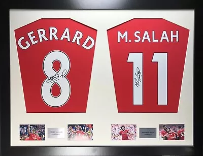 £189 • Buy Steven Gerrard And Mohamed Salah Signed Shirts Dual Framed Liverpool