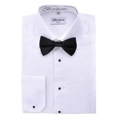 New Berlioni Italy Men's Premium Tuxedo Dress Shirt Laydown Collar Bow-Tie White • $26.24