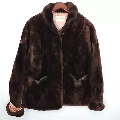 Vintage 1950s Dark Brown Mouton Sheep Fur Coat Waist Open Front Shearling Richs • $69.55