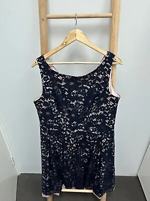 Review Dress Fit & Flare Size 16 Navy Blue Lace Pink Lining Prom Dress Cocktail • $35