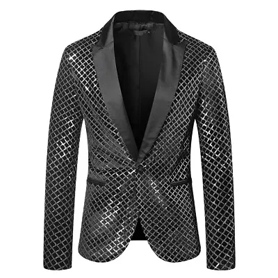 Men Bling Sequins Tuxedo Suit Party Coat Blazer One Button Gentleman Jacket • £25.88