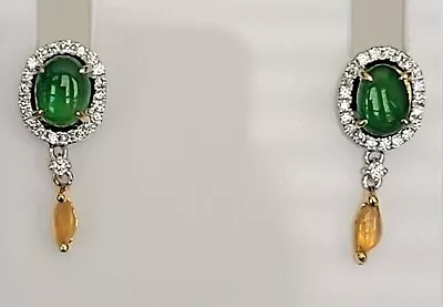 18K Two-Tone Gold Emerald Green & Yellow Jadeite Diamond Drop Earrings • $2495