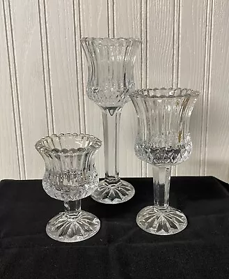 Set Of 3 Clear Glass Pedestal Candle Holders Vintage Ribbed Votive NOS Wedding • $12.50