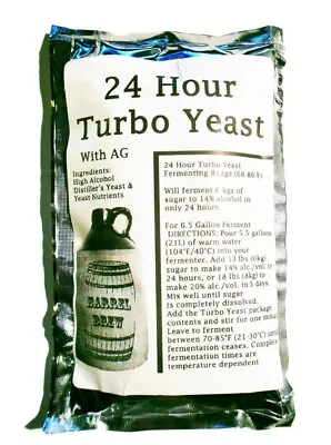 1 Pack 24 Hour Turbo Yeast With AG - Moonshine Alcohol Whiskey Rum Vodka 6.5 Ga. • $9.99