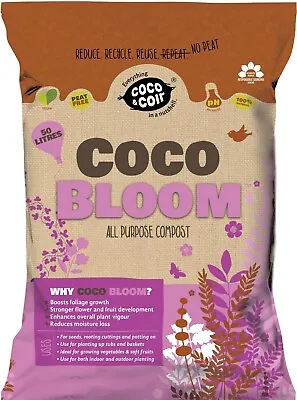 Coco & Coir Multi-purpose Compost | Nutrient Rich Peat-free Potting -Bloom (50L) • £15.99
