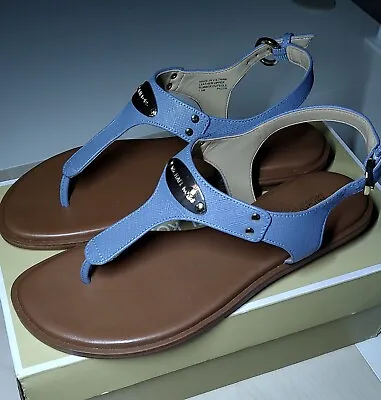 New Michael Kors Plate Thong Denim/Blue Saffiano Leather Sandal Size 7.5 • $69.99