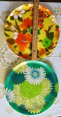 Vtg Fiberglass 11  Round Serving TRAYS Set Of TWO (2) Mid-century Modern FLORAL • $29.95