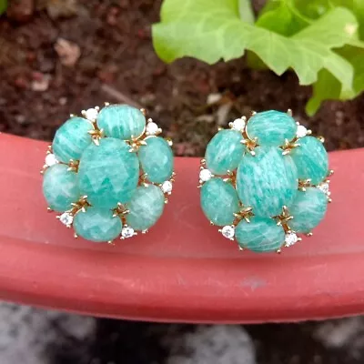 Natural Green Faceted Amazonite Cz Pave Stud Earrings Golden Plated Jewelry • $13.30