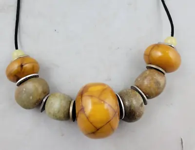 Vtg. Sterling Silver Clasp Moroccan Amber & Green Stone Coin Bead Necklace 28  • $99.99