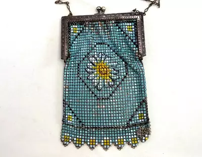 Vintage Whiting And Davis Flapper Purse Blue Metal Mesh Bag Old Enamel Flower Bh • $49.90