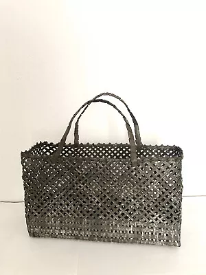 Vintage Hand-Made Woven Metal Basket With Metal-wrapped Handles • $12