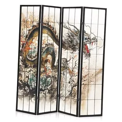  4-Panel Shoji Screen Room Divider 5.9 Ft Wood Pattern Room Dragon Black • $185.70