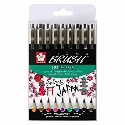 Sakura Pigma Micron Brush Pens Set Of 9 Colours - Graphic Artist Manga Cartoons • £19.99