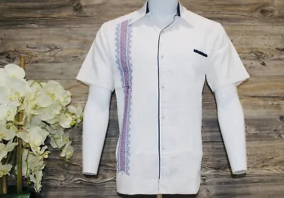 Men Mexican Guayabera Shirt Fine Linen Short Sleeve White Handcrafted Elegant • $50