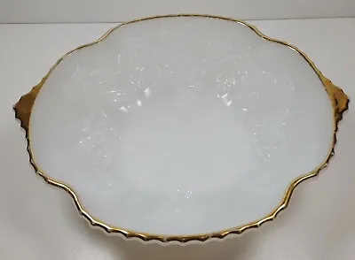 Vintage Milk White Glass Grapes And Leaves Embossed With Gold Trim Serving Bowl • $10