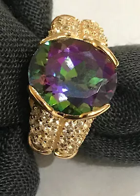 Sterling Silver Gold Tone Mystic Topaz  Striped Band Cocktail Ring 10.2 Gr SIZE8 • $75