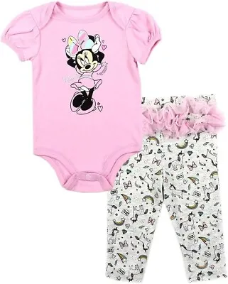 Pink Minnie Mouse Baby Girl 2PC Bodysuit/Pant Set W/Ruffle. Infant Size • $17.99