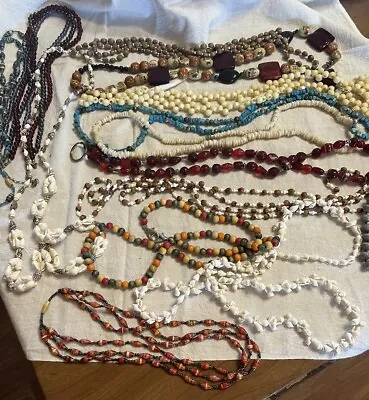 Beaded Long Necklace Lot 16 Glass Wood Shell Crafter Wearable Costume • $18