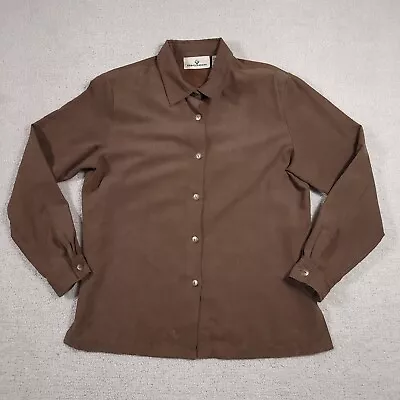 Vtg Erin London Button Front Shirt Women's Medium Brown Suede L/S Shoulder Pads • $16.97