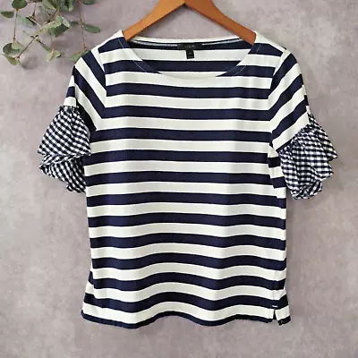 J.CREW Top Womens Medium Ruffle Short Sleeve Blue White Stripe Pullover Nautical • $19.50