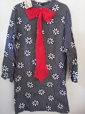 Vtg Mode O' Day Dress 36  Black White Striped W Flowers Red Ribbon Graphic NOS  • $66.50